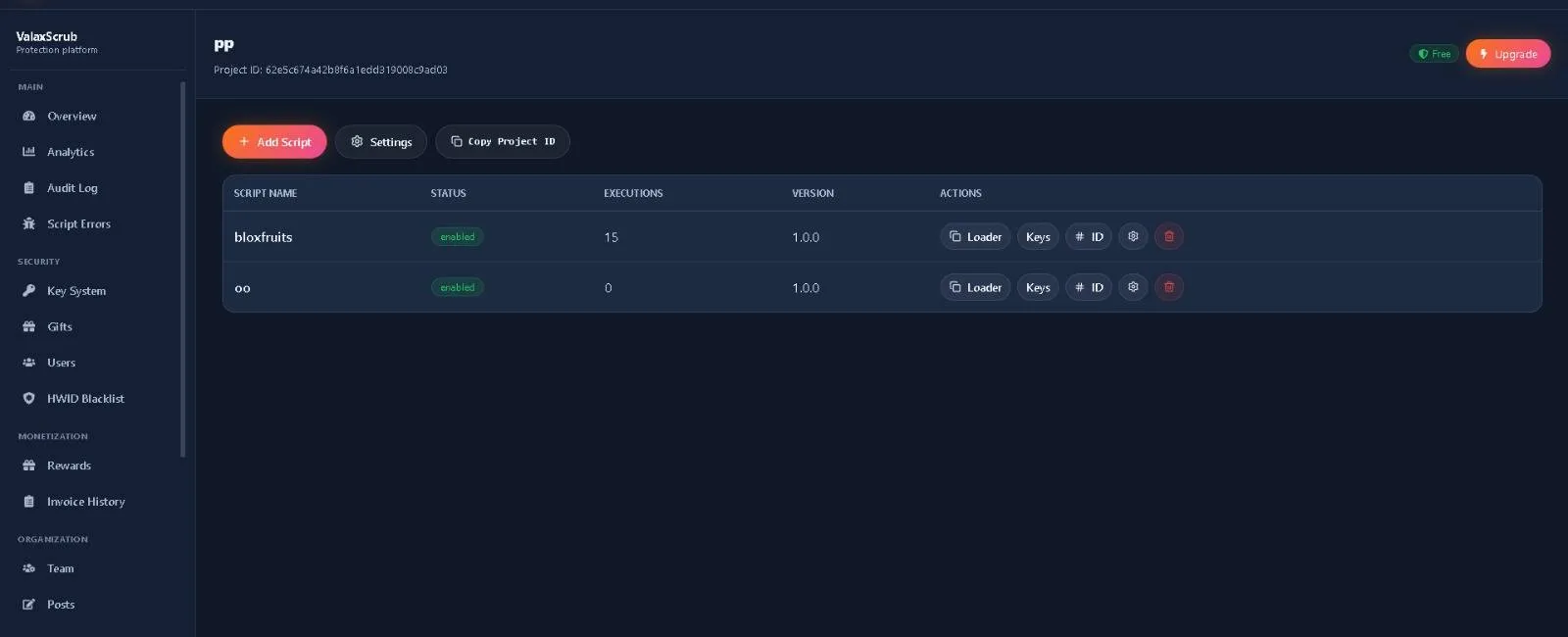 Scripts dashboard preview